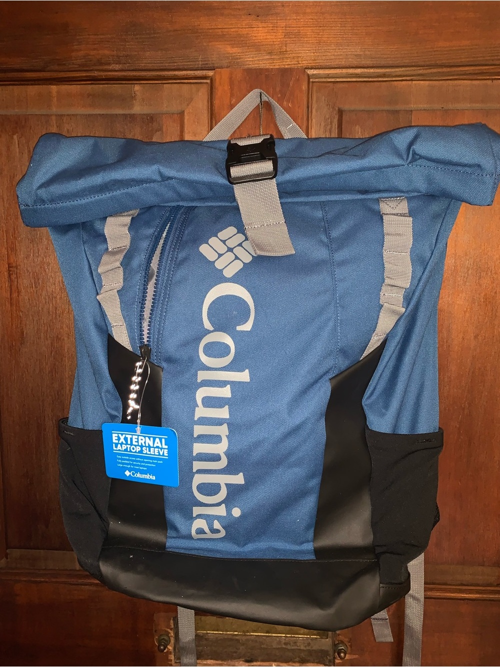 Columbia Blue Roll-Top Backpack with Gray Straps